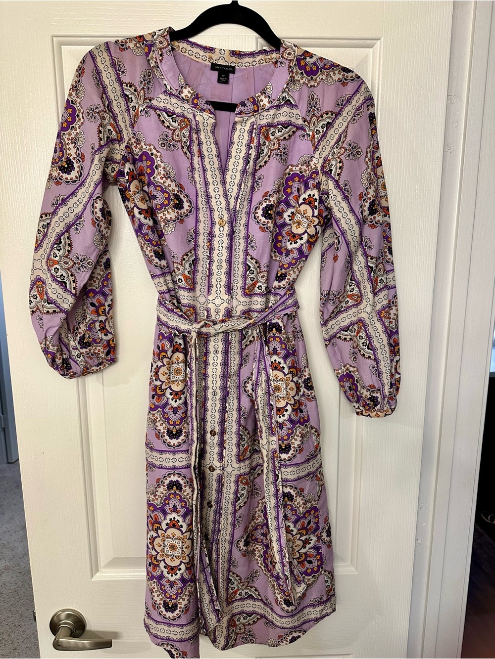 Ann Taylor Lavender Paisley Midi Dress with Purple and Orange Accents